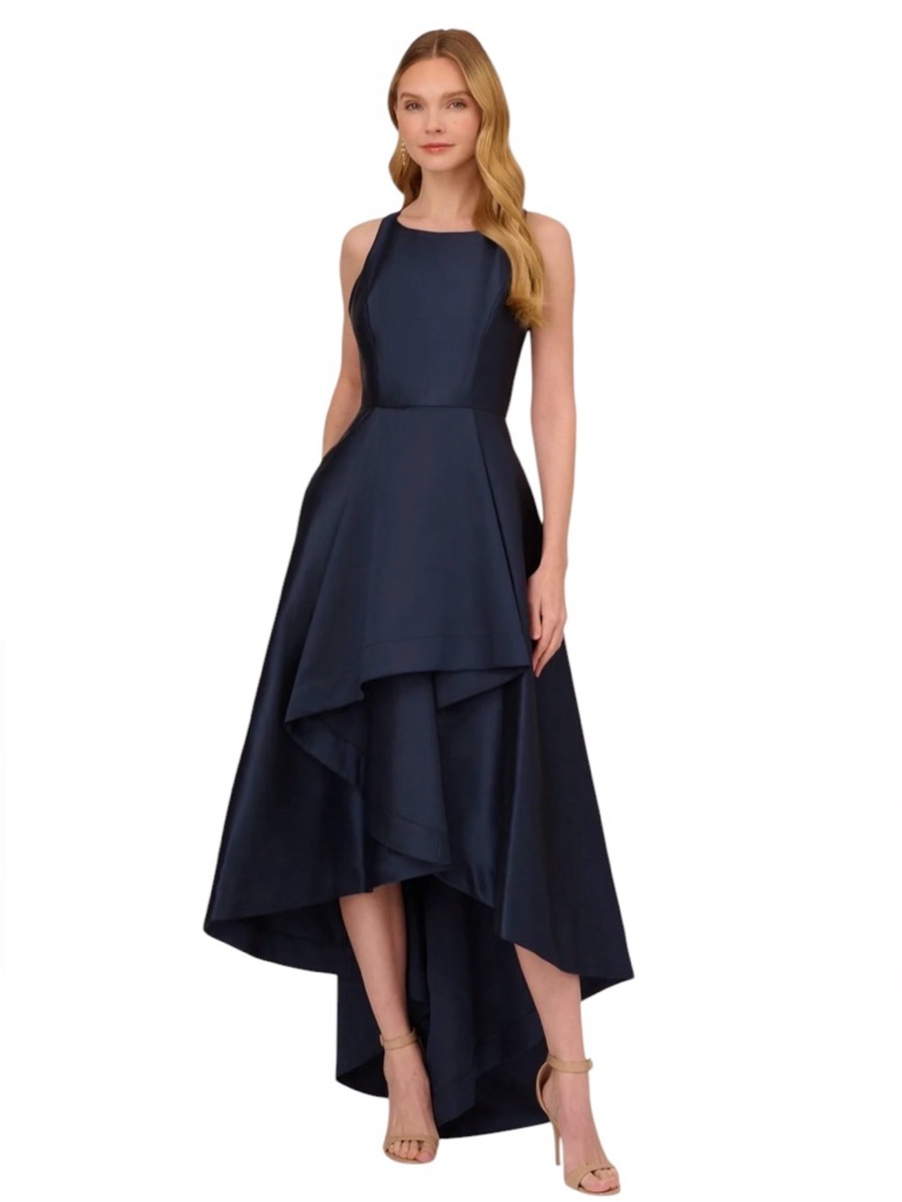 Adrianna Papell Navy Satin High Low Mikado Gown w/Asymmetrical Detail Size 10
